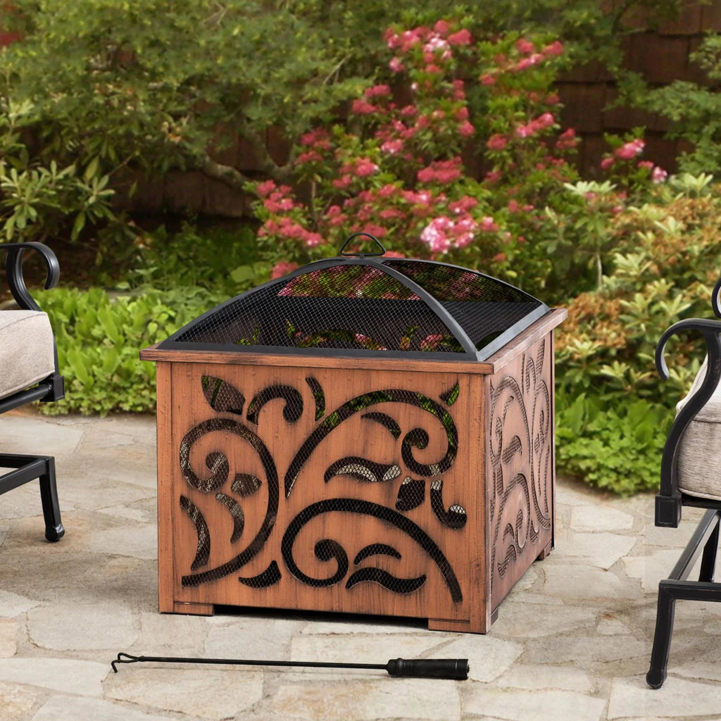 Sunjoy 26 in Fire Pit for Outside, Outdoor Wood Burning Firepit with Steel Mesh Spark Screen and Fire Poker, Large Bonfire for Patio and Backyard