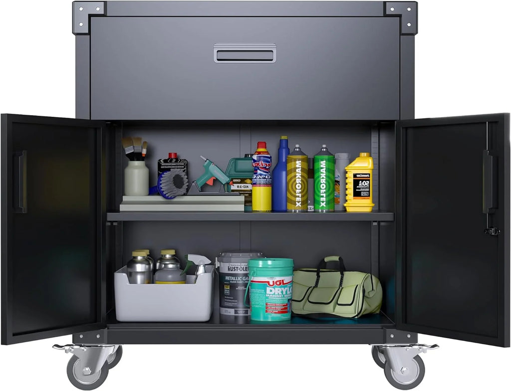 Aobabo Metal Storage Cabinet with Lock, Garage Storage Cabinet with Wheels, 72in Steel Storage Cabinet for Garage Home Storage, Black Required - Assembly