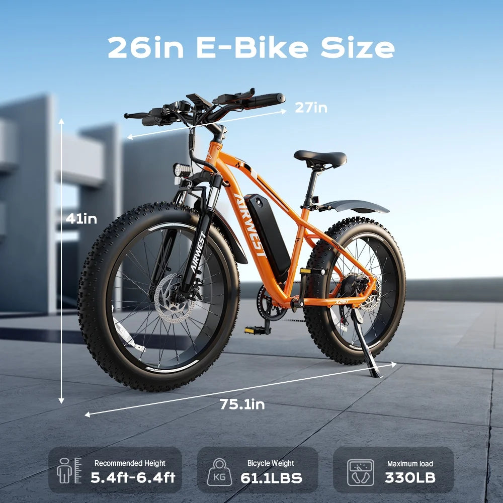 AIRWEST Electric Bike for Adults, Peak 750W Ebikes for Men Women26" Fat Tire Electric Bicycle with 48V 624wh Removable Battery25mph 60miles 7 Speed, Front Suspension Electric Mountain Bike