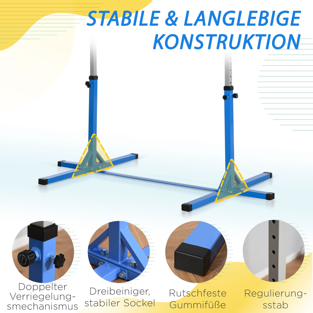 HOMCOM Gymnastik-Turnreck, 13-stufig höhenverstellbar Reckstange, Reck Turnstange aus Holz & stabile Stahlkonstruktion bis 75 kg belastbar, für 3+ Kinder, Indoor, Outdoor, Blau