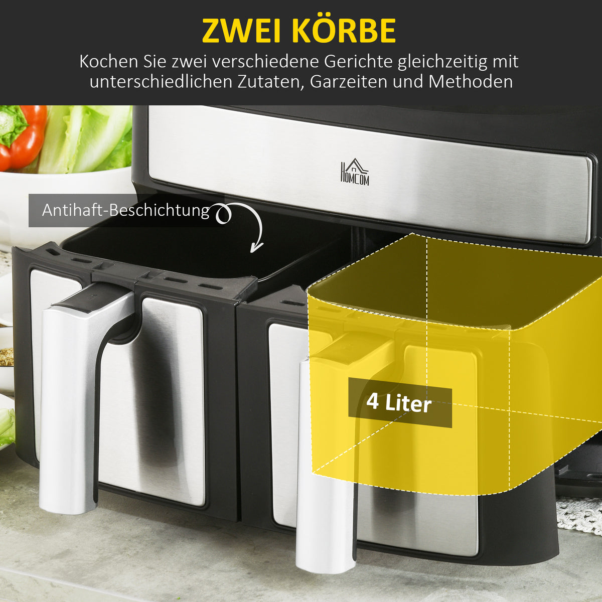 HOMCOM Heißluftfritteuse Multifunktionale Heißluftfritteuse,  8 L Fassungsvermögen, 2 Körbe, 60 min Time, Silber + Schwarz