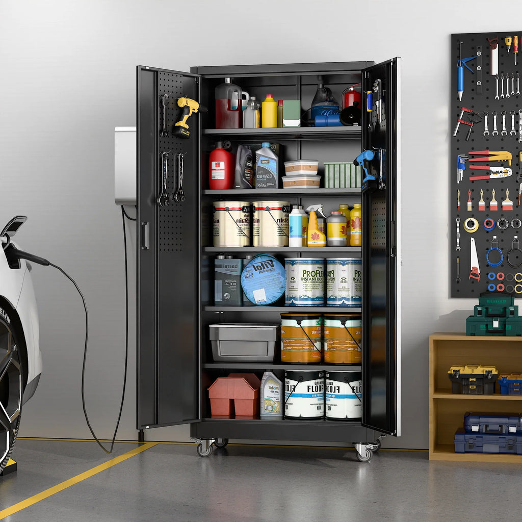 Aobabo Metal Storage Cabinet with Lock, Garage Storage Cabinet with Wheels, 72in Steel Storage Cabinet for Garage Home Storage, Black Required - Assembly