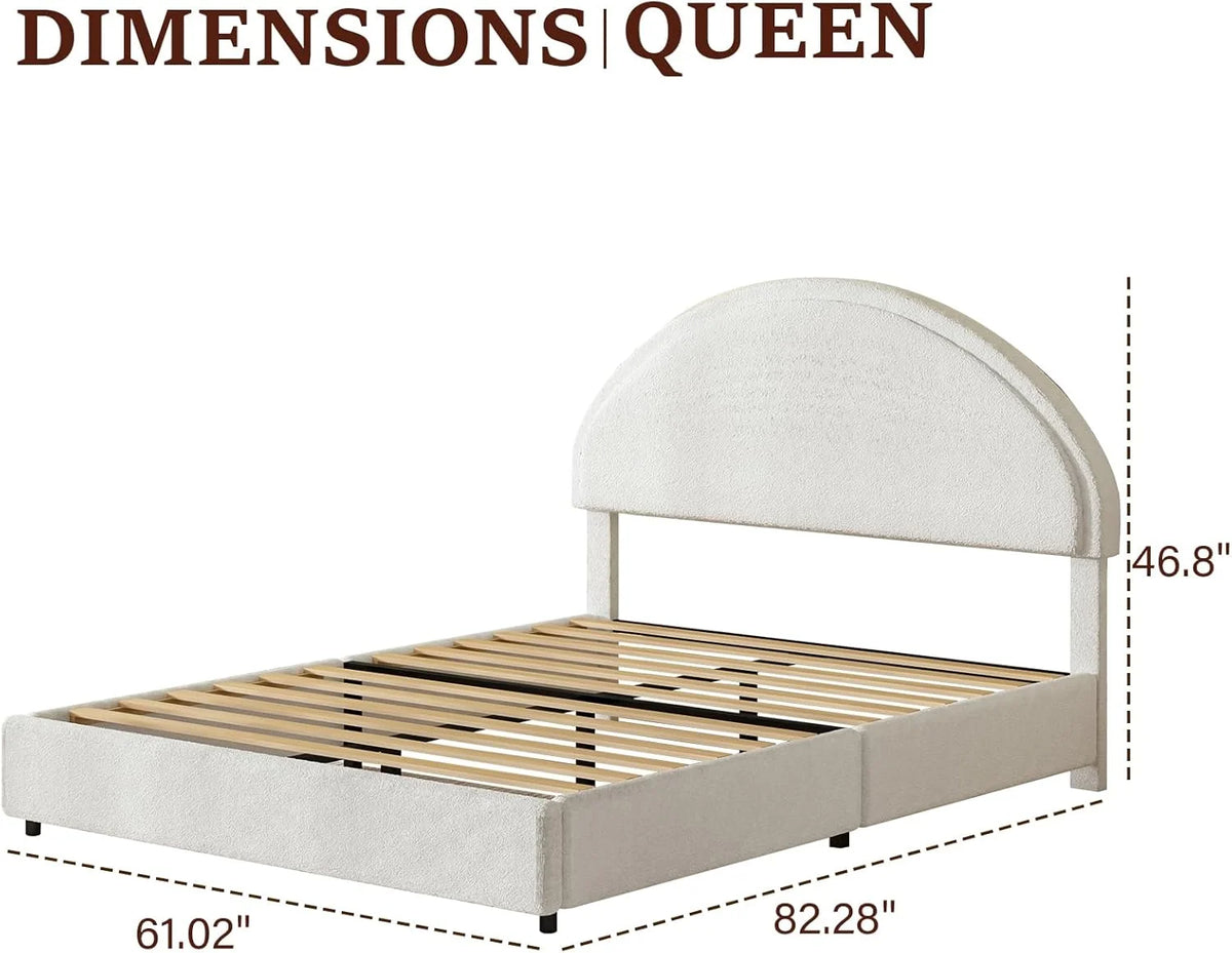 4 EVER WINNER Queen Size Bed Frame, Boucle Upholstered Bed Frame with Headboard, White Queen Bed Frame, White