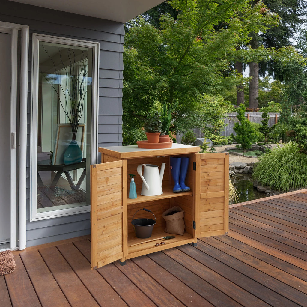 Outdoor Storage Cabinet and Potting Bench with Metal Tabletop and Storage Cabinet - Wooden Outdoor Garden Patio Workstation Table, Gray