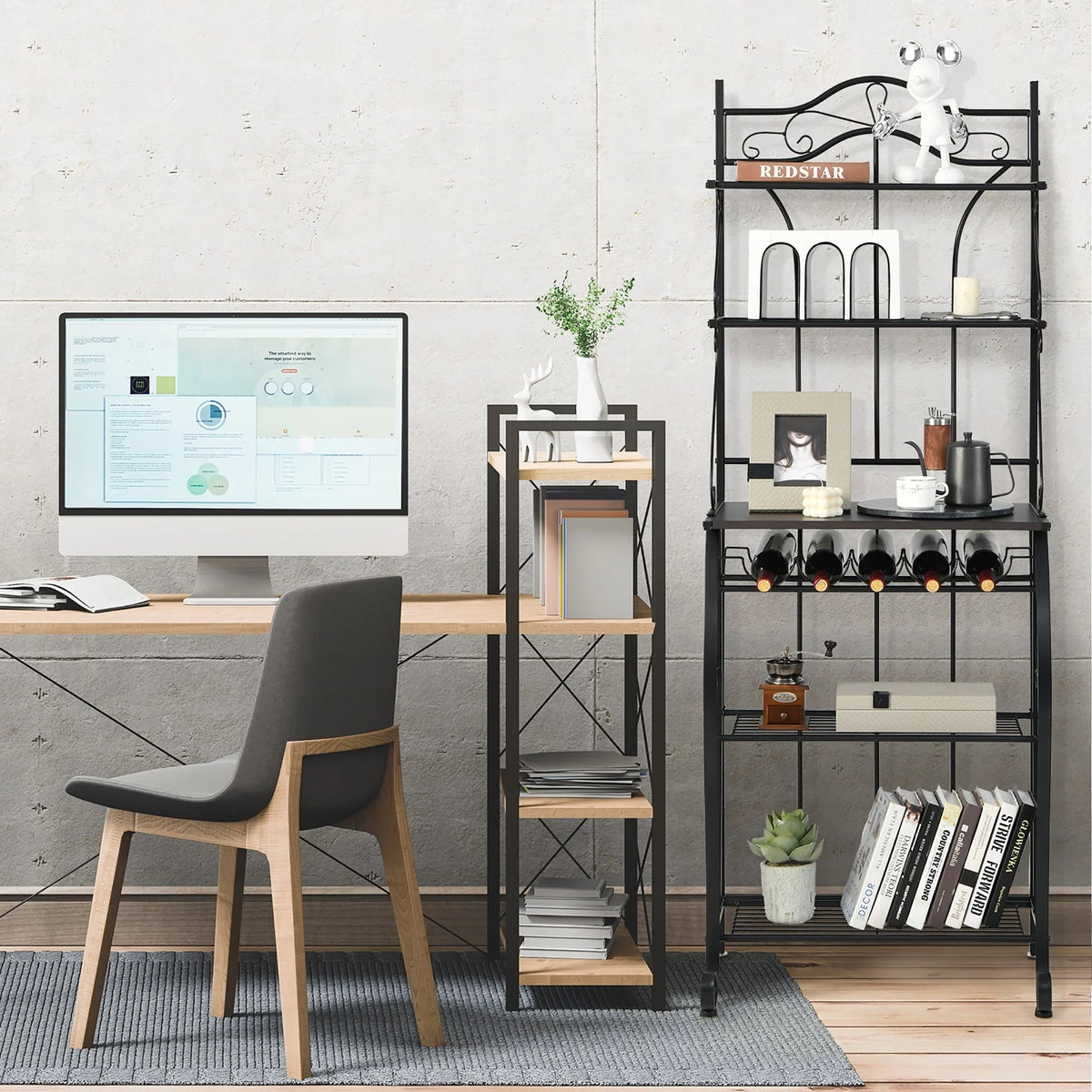 Costway 5 - Tier Metal Kitchen Bakers Rack Microwave Storage Rack Oven Stand with Wine Organizer