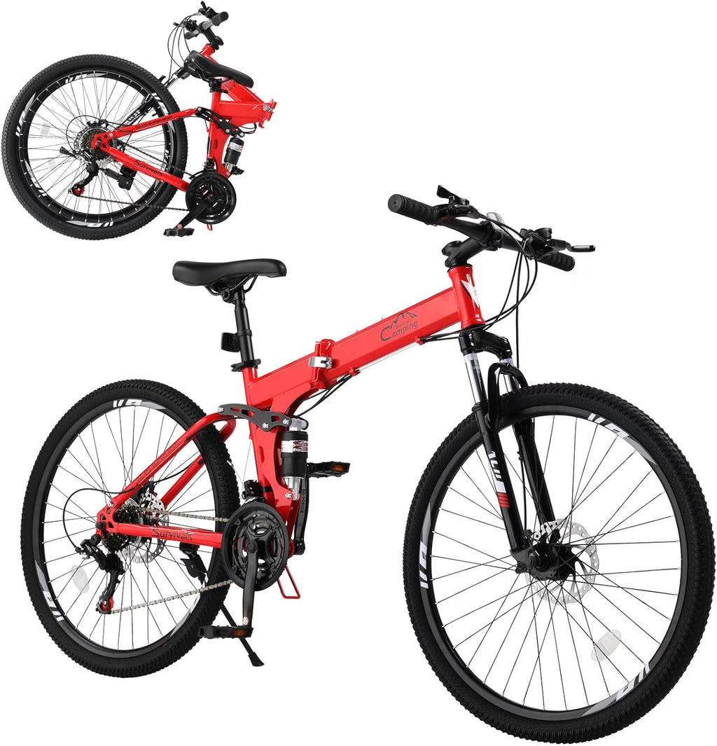 Ambifirner 26 in Folding Mountain Bike Under 250$ Men Mountain Bike 21 Speed, High Carbon Steel, Disc Brake Folding Bikes for Adults/Men/Women Red
