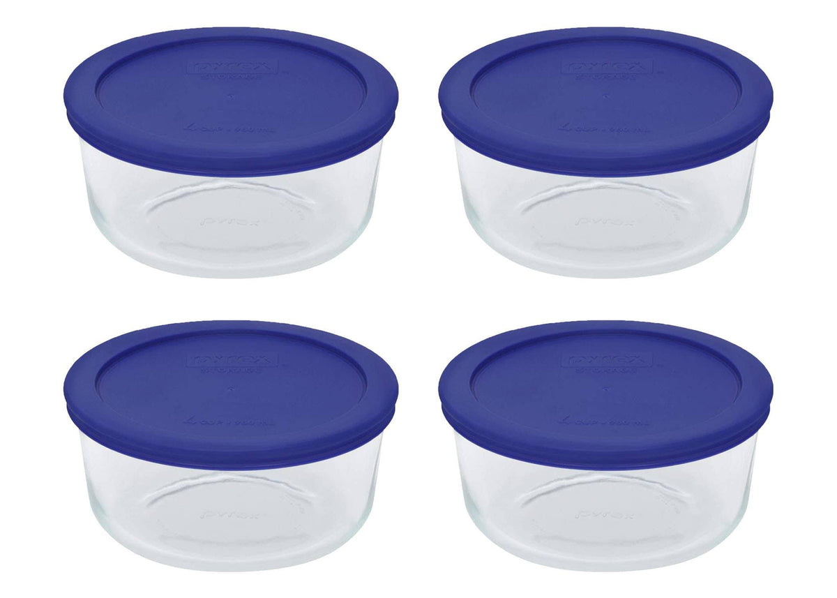Pyrex Storage 4-Cup Round Dish, Clear with Cadet Blue Plastic Lids, Pack of 4 Containers