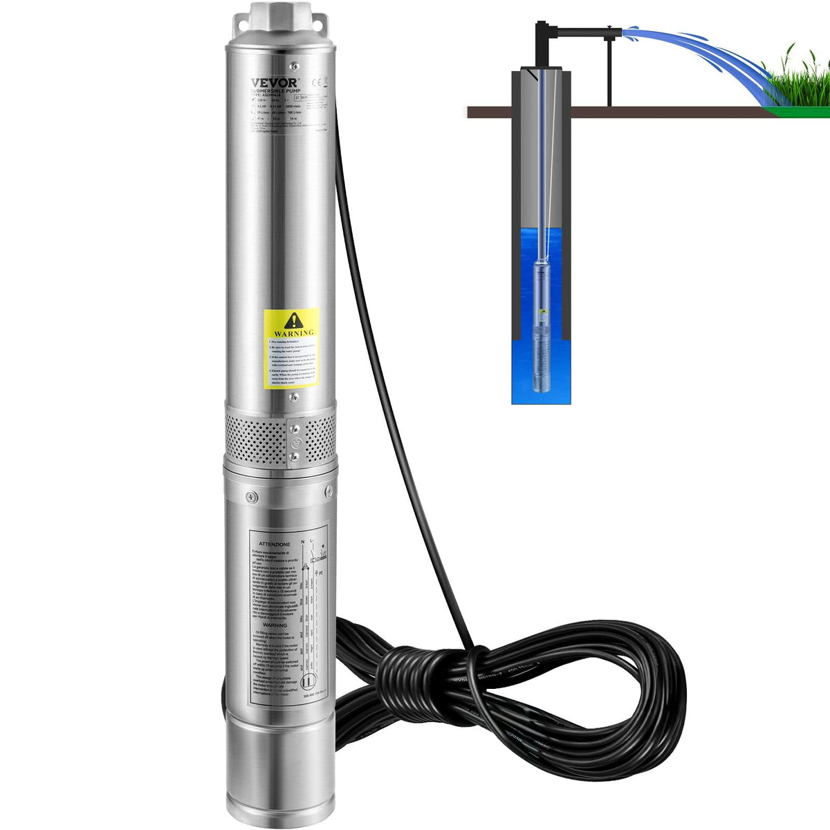 VEVOR Deep Well Submersible Pump 1HP 230V/60Hz 37GPM Flow 207ft Head with 33ft Electric Cord 4" Stainless Steel Water Pump for Industrial