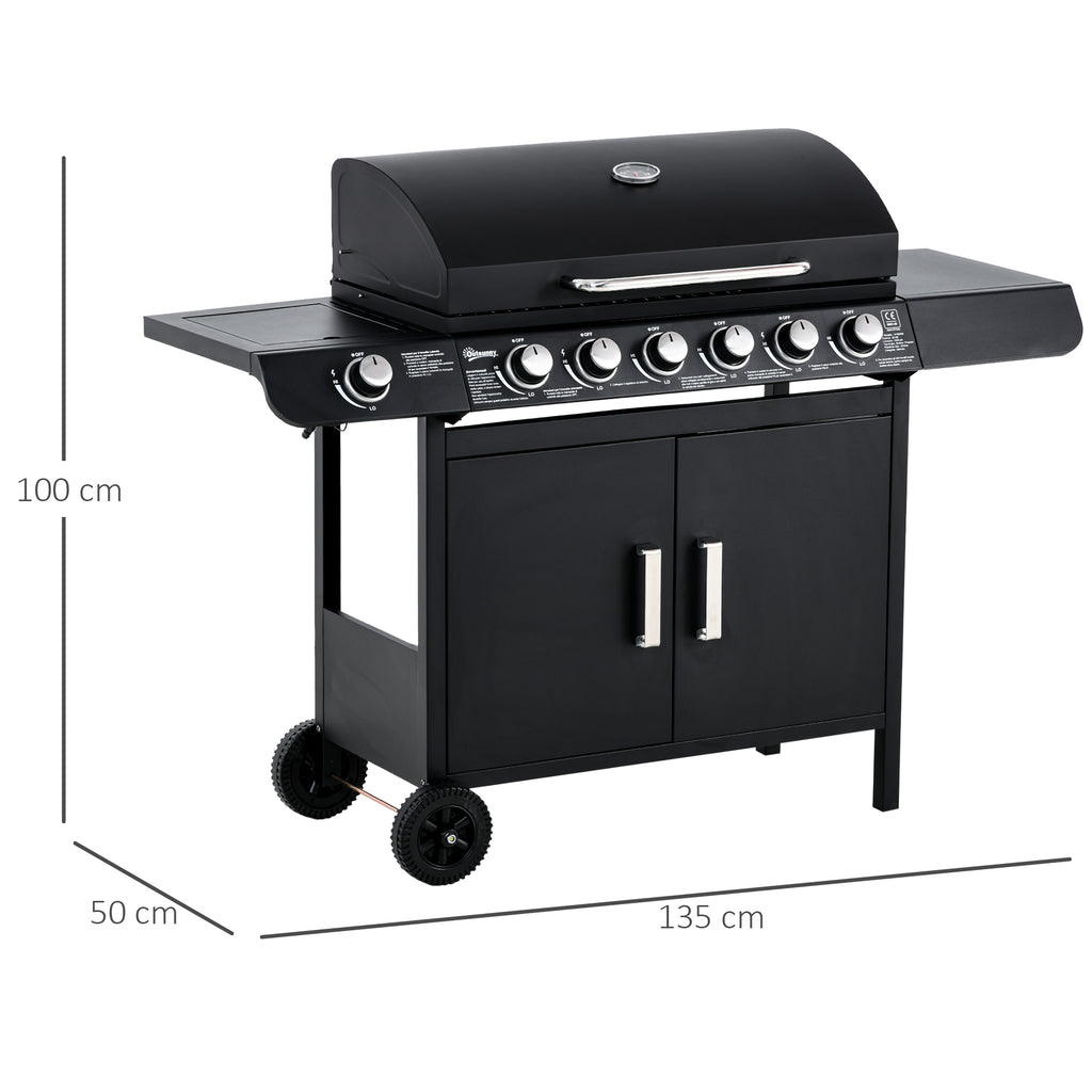 Outsunny Gasgrill mit 7 Brennern, inkl. Thermometer,  BBQ -Grill, mobiler Grill, Schwarz