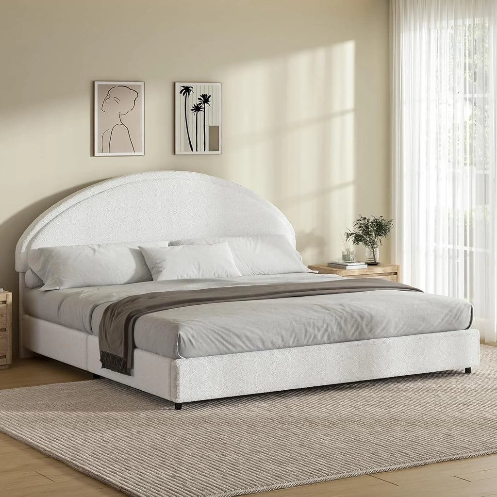 4 EVER WINNER Queen Size Bed Frame, Boucle Upholstered Bed Frame with Headboard, White Queen Bed Frame, White