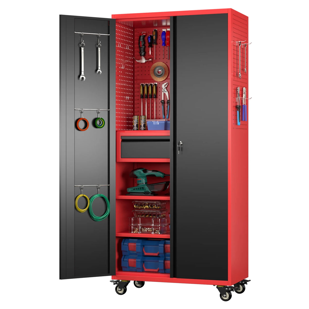 Aobabo Metal Storage Cabinet with Lock, Garage Storage Cabinet with Wheels, 72in Steel Storage Cabinet for Garage Home Storage, Black Required - Assembly