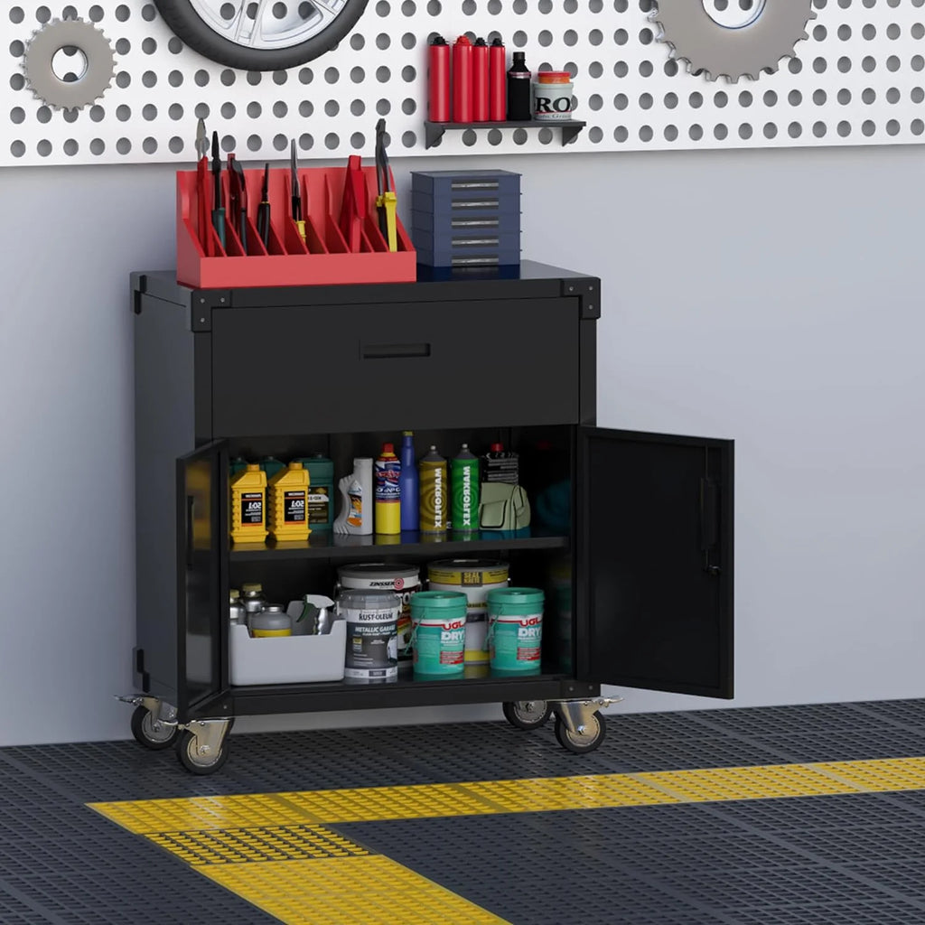 Aobabo Metal Storage Cabinet with Lock, Garage Storage Cabinet with Wheels, 72in Steel Storage Cabinet for Garage Home Storage, Black Required - Assembly