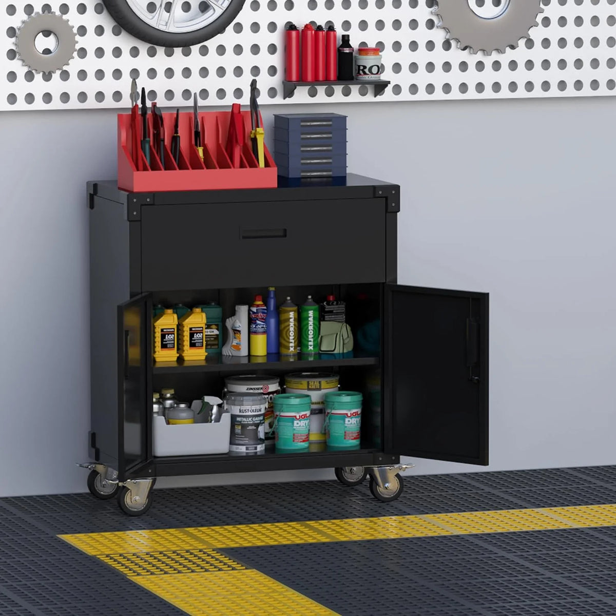 Aobabo Metal Storage Cabinet with Lock, Garage Storage Cabinet with Wheels, 72in Steel Storage Cabinet for Garage Home Storage, Black Required - Assembly