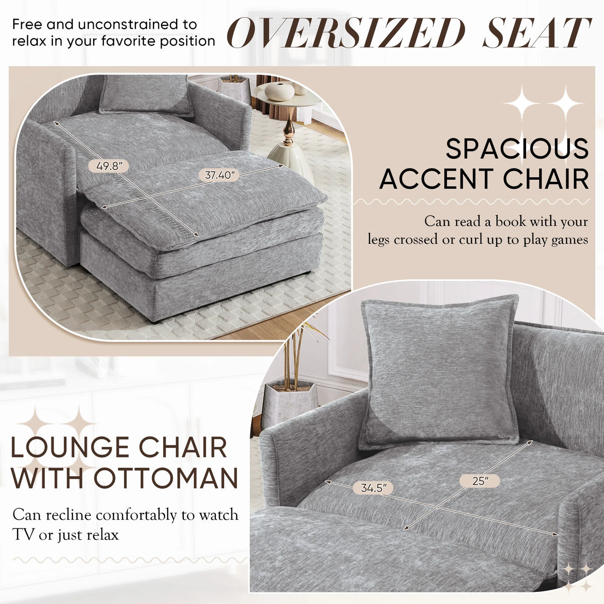 Muumblus Oversized Lounge Chair with Ottoman, Cloud Accent Armchair for Living Room, Beige Chenille