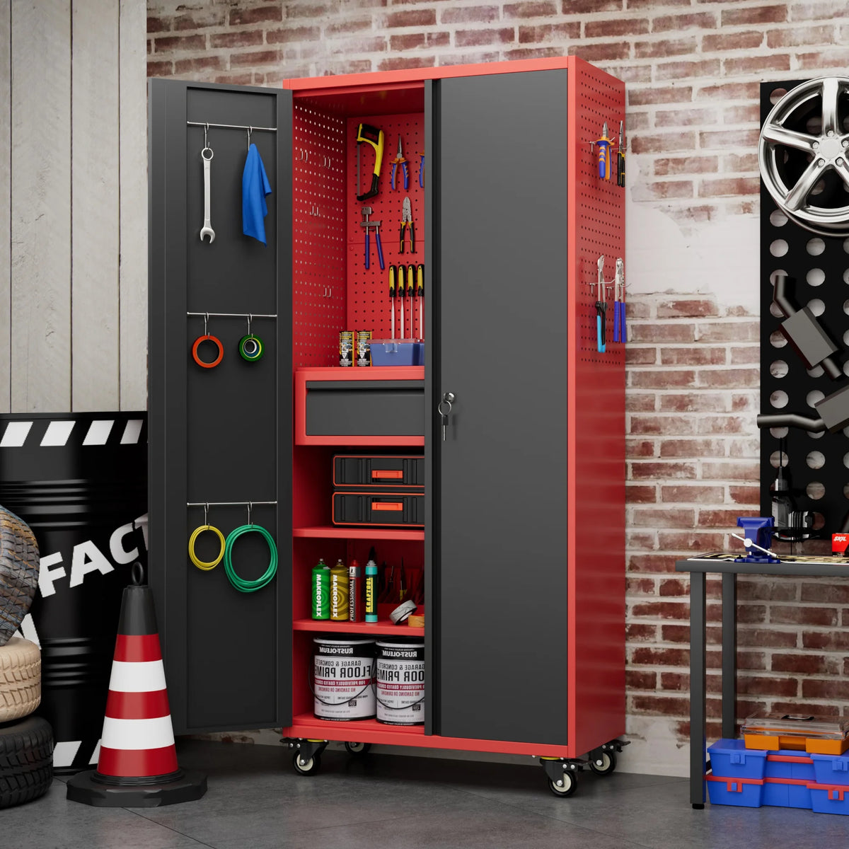 Aobabo Metal Storage Cabinet with Lock, Garage Storage Cabinet with Wheels, 72in Steel Storage Cabinet for Garage Home Storage, Black Required - Assembly