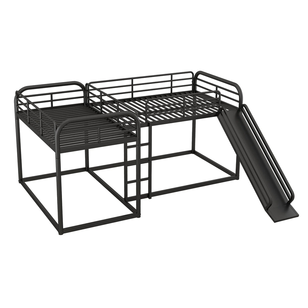 Full and Twin Size L - Shaped Quadruple Metal Bunk Bed with Slide for Kids, Black