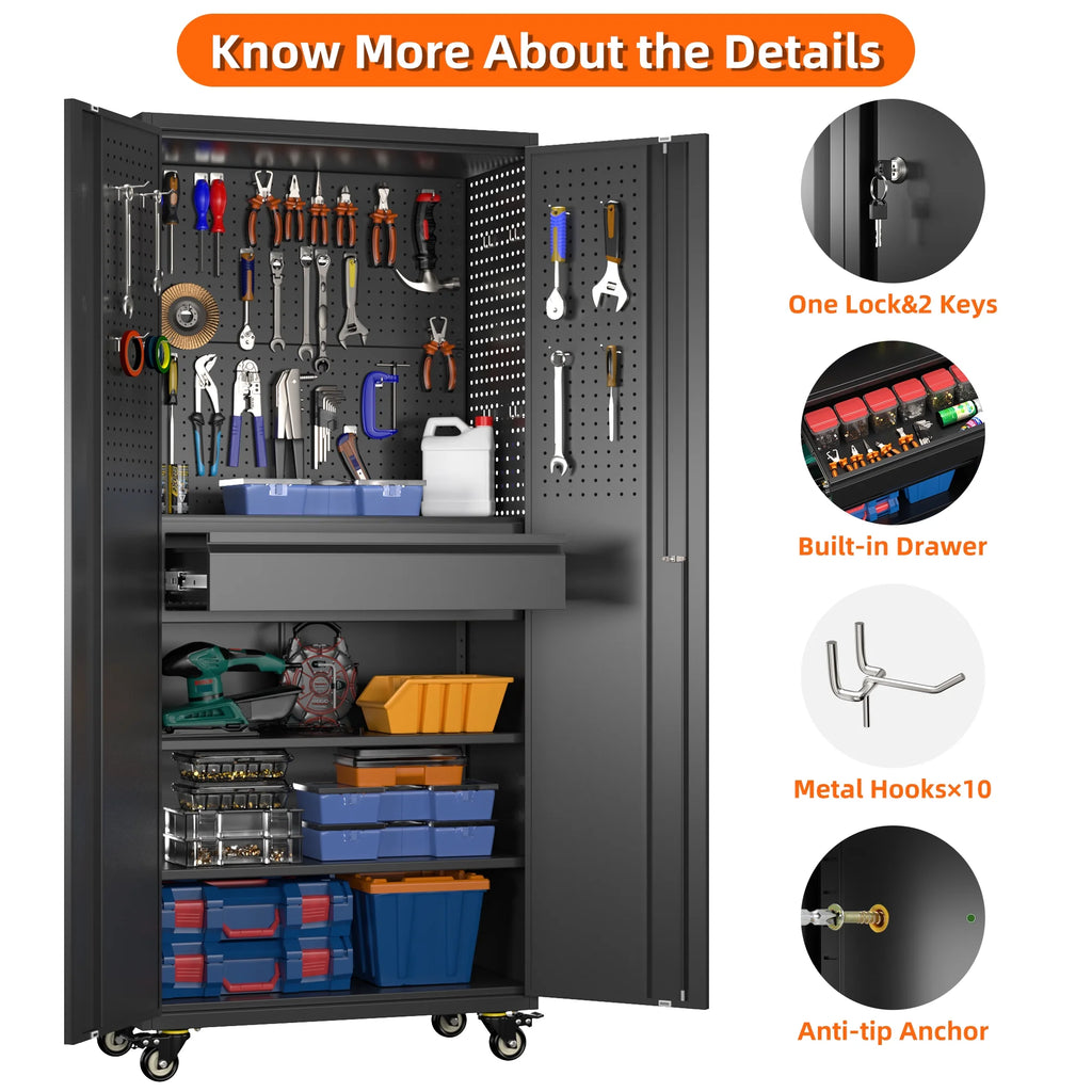 Aobabo Metal Storage Cabinet with Lock, Garage Storage Cabinet with Wheels, 72in Steel Storage Cabinet for Garage Home Storage, Black Required - Assembly