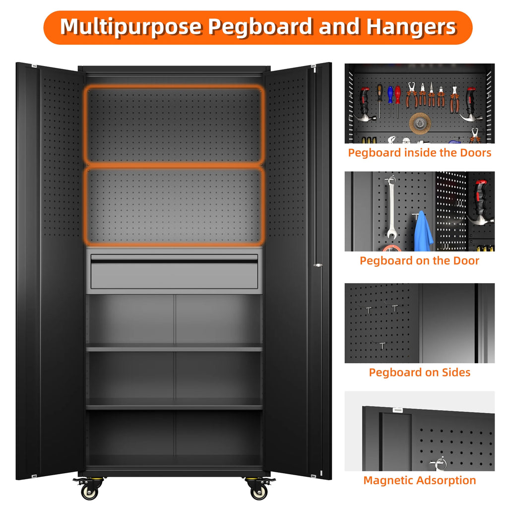 Aobabo Metal Storage Cabinet with Lock, Garage Storage Cabinet with Wheels, 72in Steel Storage Cabinet for Garage Home Storage, Black Required - Assembly