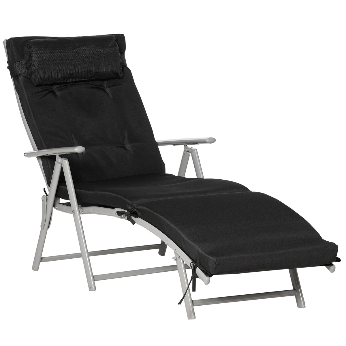 Outsunny Sonnenliege klappbar Strandliege mit Kopfkissen Sitzkissen Liegestuhl mit 7-Fach verstellbare Rückenlehne Gartenliege Relaxliege bis 165 kg belastbar, für Garten Urlaub Outdoor, Schwarz