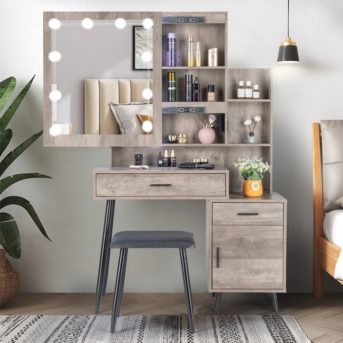 Ktaxon Vanity Set with 3 Color Lighted Mirror & Charging Station, Makeup Table with 3 Storage Shelves & Drawers, Dressing Table Makeup Desk with Stool, Retro Gray