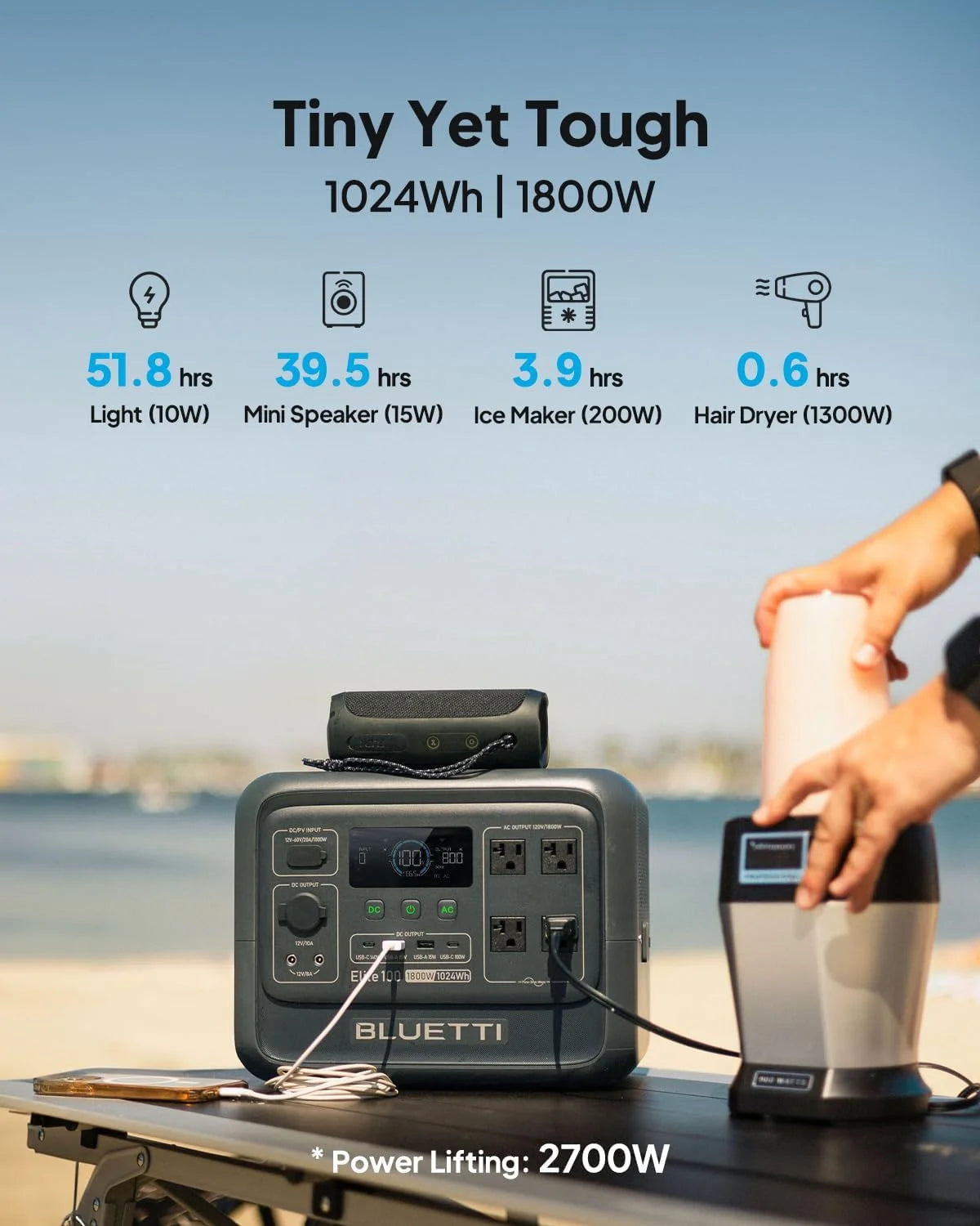 BLUETTI Elite 100 V2 Portable Solar Generator, 1024wh LFP Battery, 1800W AC Output, Compact Backup Power for Camping and Home