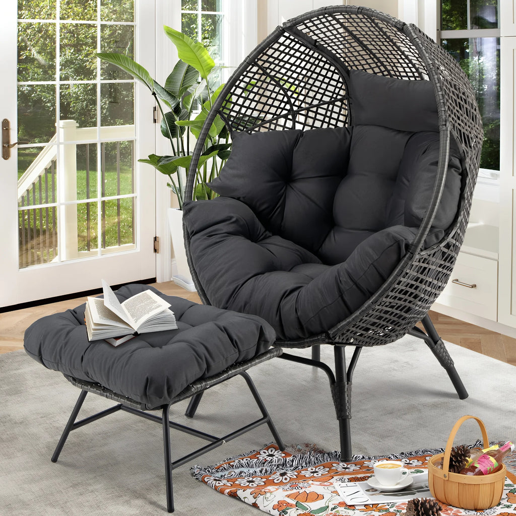 RADIATA 440 lb Outdoor Egg Chair with Foot Rest & Ottoman, Wicker Patio Egg Chair for Indoor or Garden, Beige