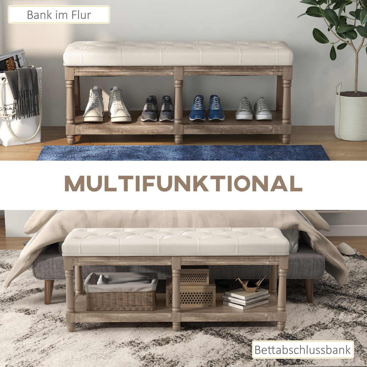 HOMCOM Sitzbank mit Stauraum, Vintage-Design, Knopfheftung, Kautschukbaumholz, 115x40x48cm, Cremeweiß