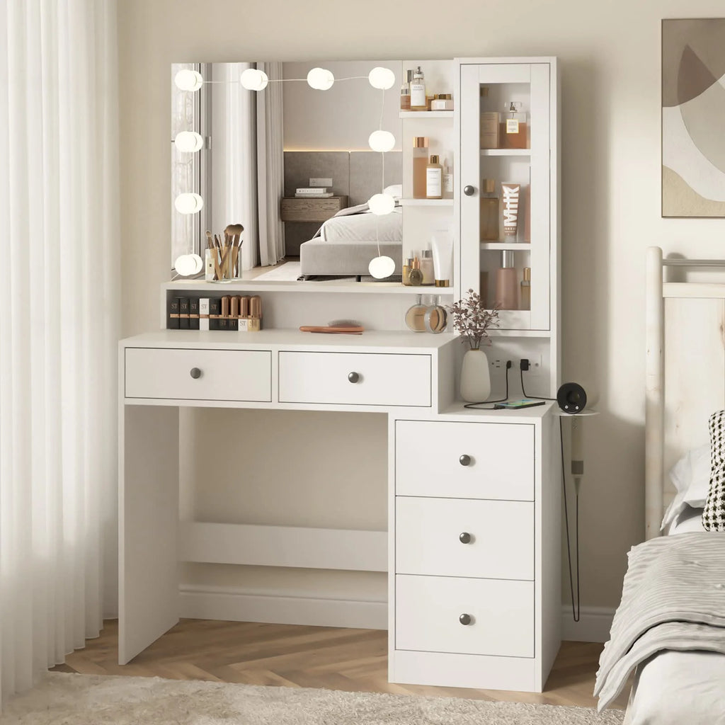 VEANERWOOD Makeup Vanity Desk with Lighted Mirror and Power Strip, Modern Vanity Table with 5 Drawers, White