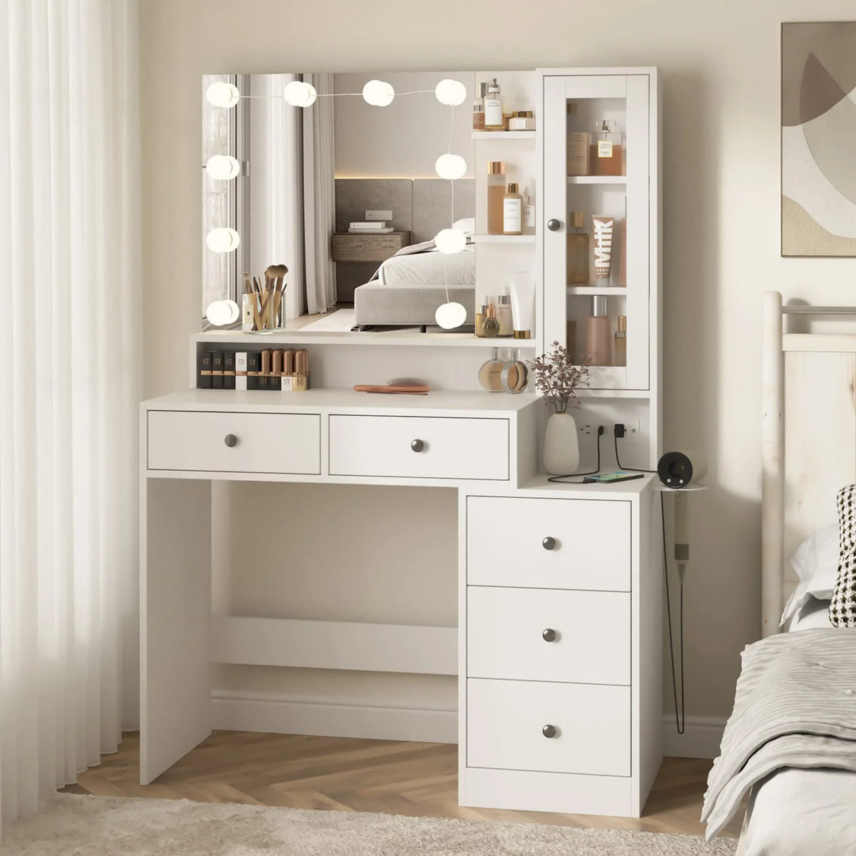 VEANERWOOD Makeup Vanity Desk with Lighted Mirror and Power Strip, Modern Vanity Table with 5 Drawers, White