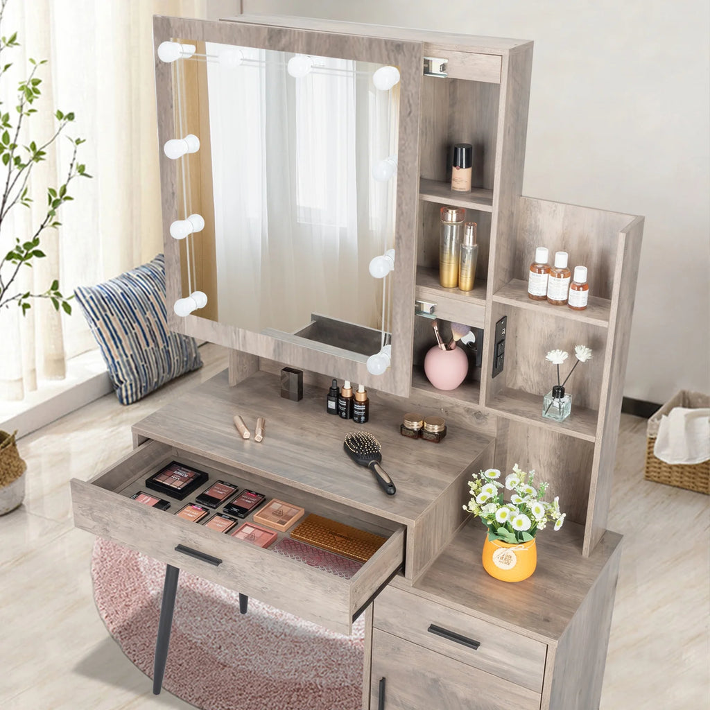 Ktaxon Vanity Set with 3 Color Lighted Mirror & Charging Station, Makeup Table with 3 Storage Shelves & Drawers, Dressing Table Makeup Desk with Stool, Retro Gray