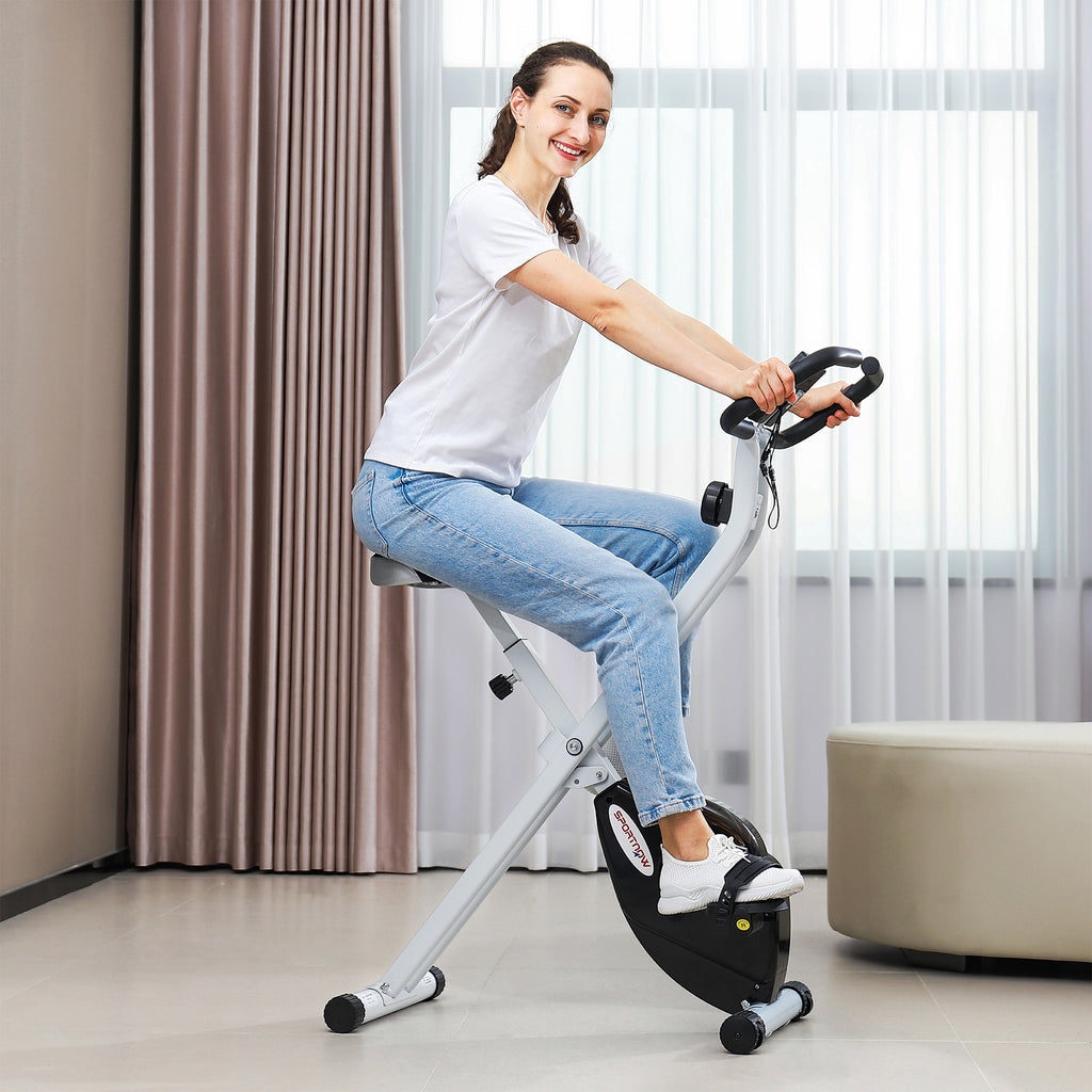 SPORTNOW Faltbares Heimtrainer-Fahrrad, leise mit 8-stufiger magnetischer Widerstand, verstellbarem Sitz, LCD-Bildschirm, weiß