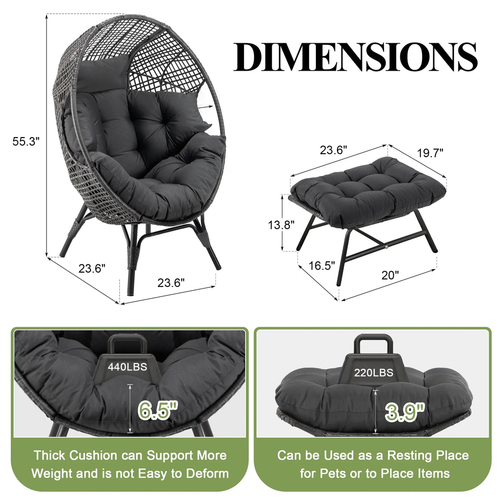 RADIATA 440 lb Outdoor Egg Chair with Foot Rest & Ottoman, Wicker Patio Egg Chair for Indoor or Garden, Beige