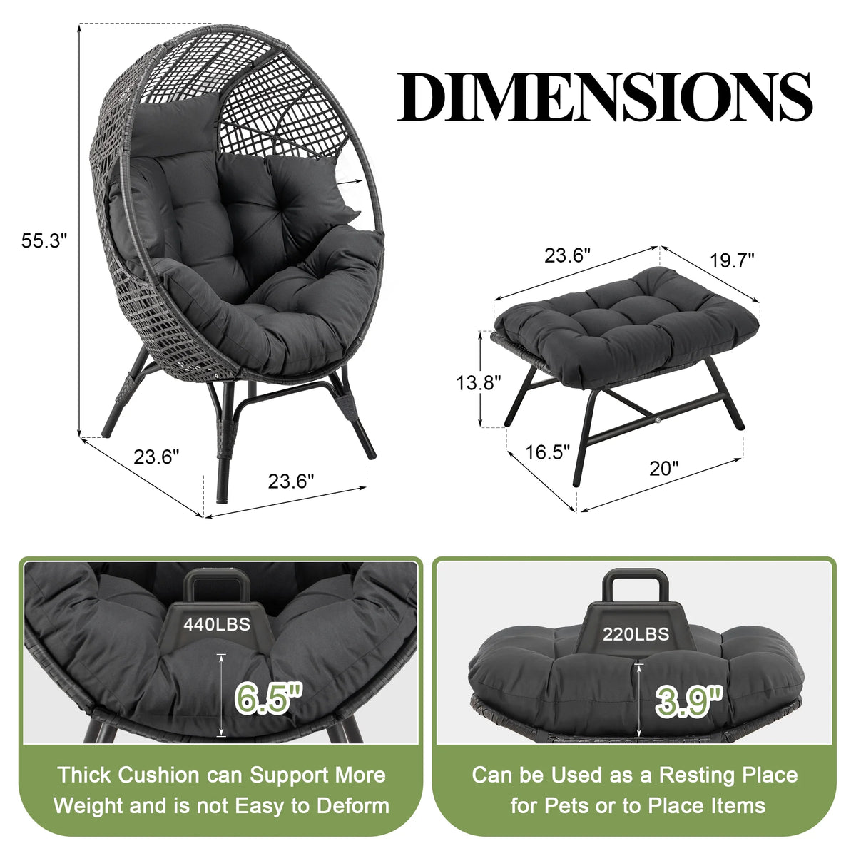 RADIATA 440 lb Outdoor Egg Chair with Foot Rest & Ottoman, Wicker Patio Egg Chair for Indoor or Garden, Beige
