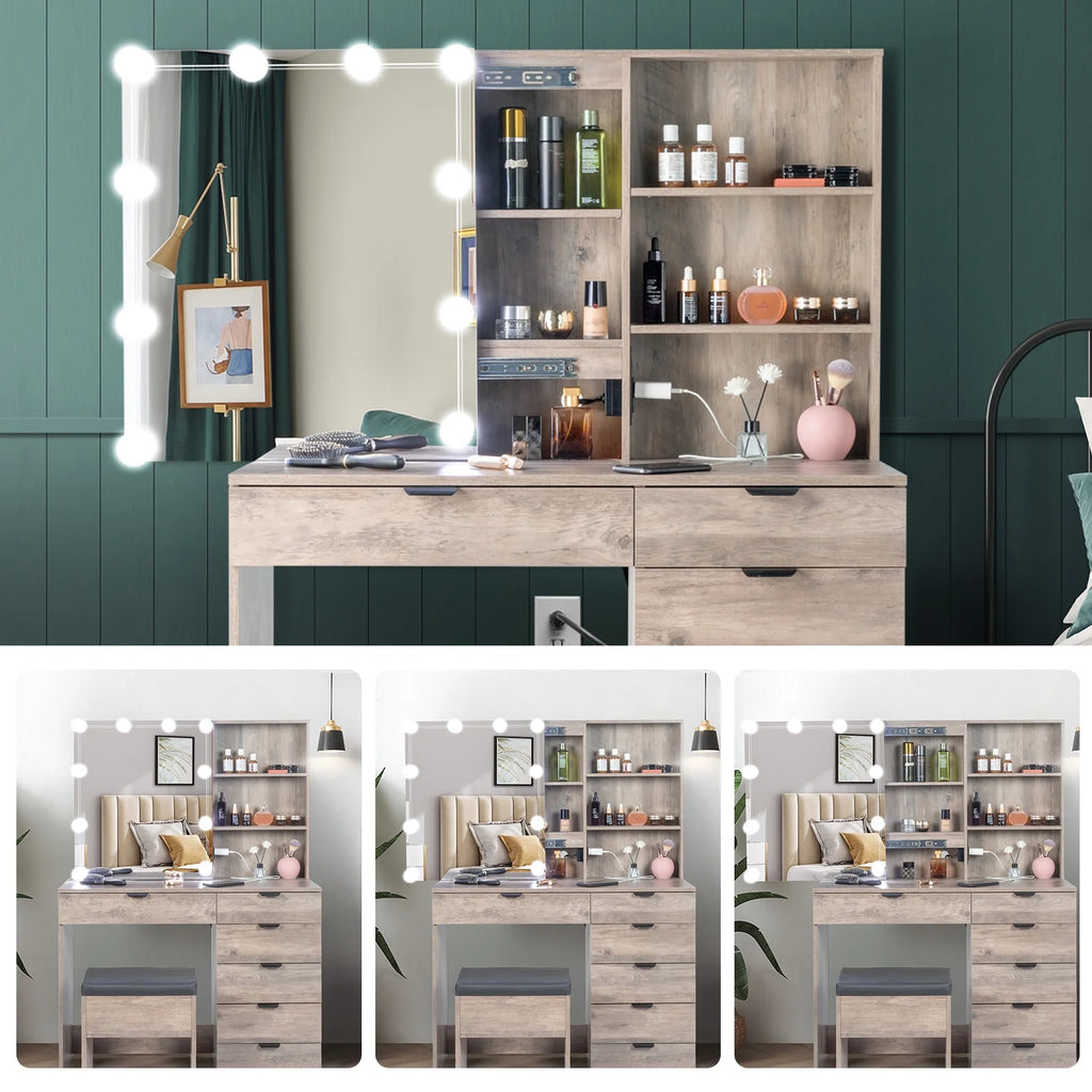 Ktaxon Vanity Set with 3 Color Lighted Mirror & Charging Station, Makeup Table with 3 Storage Shelves & Drawers, Dressing Table Makeup Desk with Stool, Retro Gray