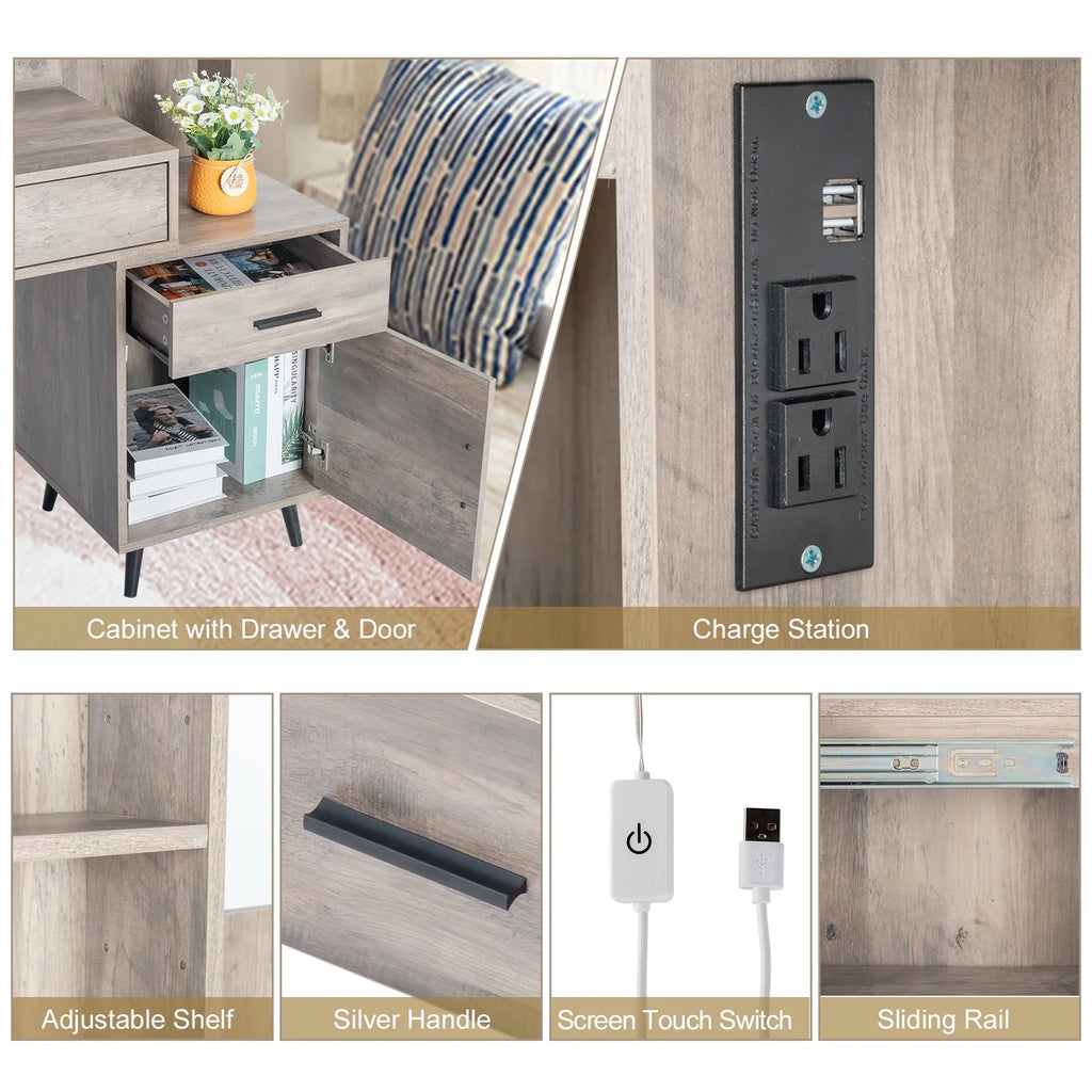 Ktaxon Vanity Set with 3 Color Lighted Mirror & Charging Station, Makeup Table with 3 Storage Shelves & Drawers, Dressing Table Makeup Desk with Stool, Retro Gray