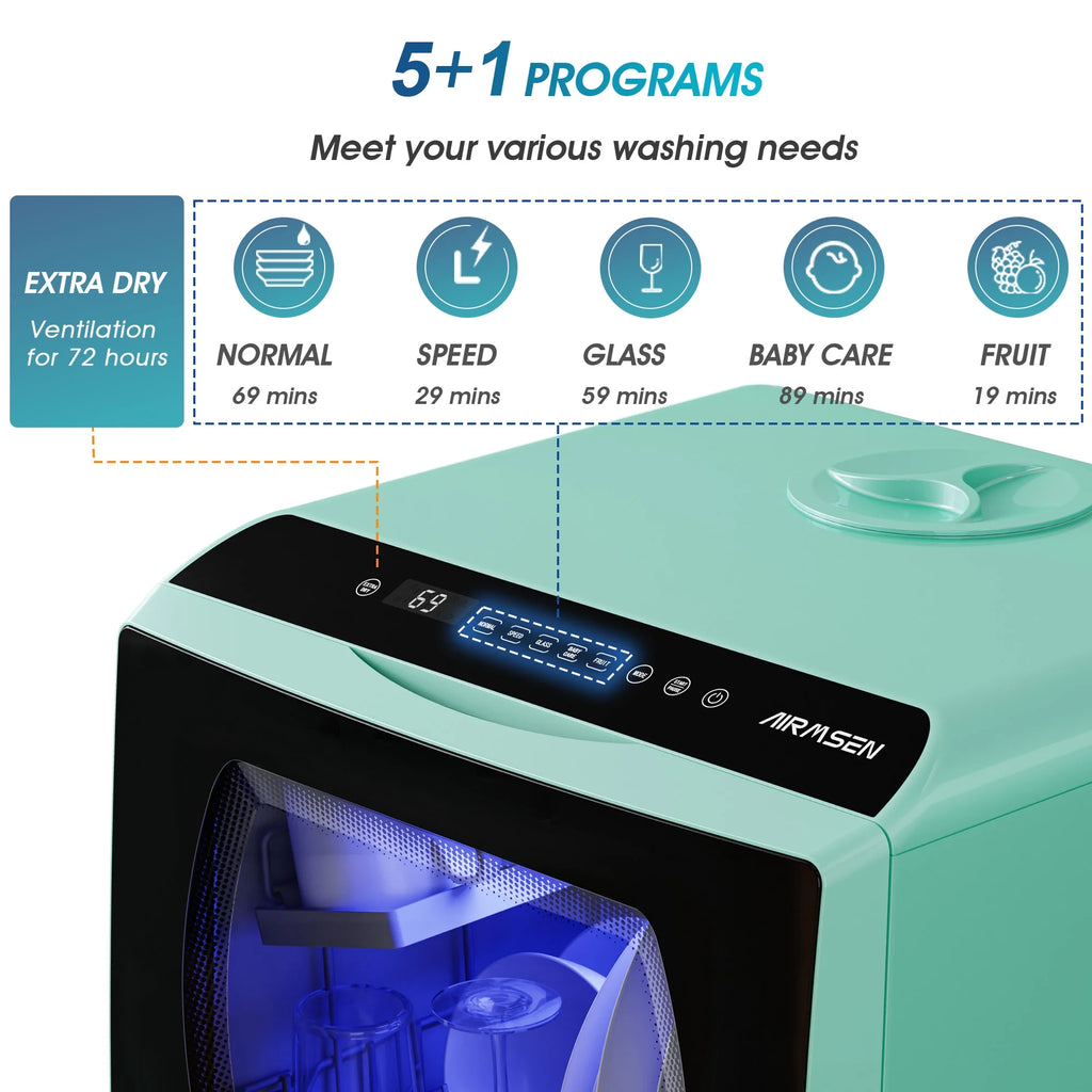AIRMSEN Portable Countertop Dishwasher with 5 - Liter Built - in Water Tank and Air - Dry Function, 5 Washing Programs Mini Dishwasher, AE - TDQR03