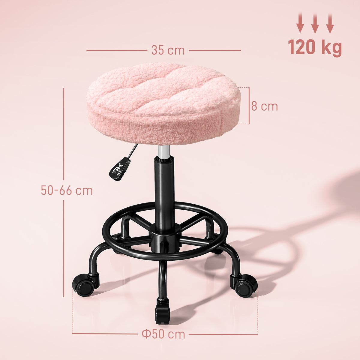 HOMCOM Rollhocker höhenverstellbar Drehhocker 55-66 cm Arbeitshocker 360° drehbar Ø50 x 50-66 cm Rosa