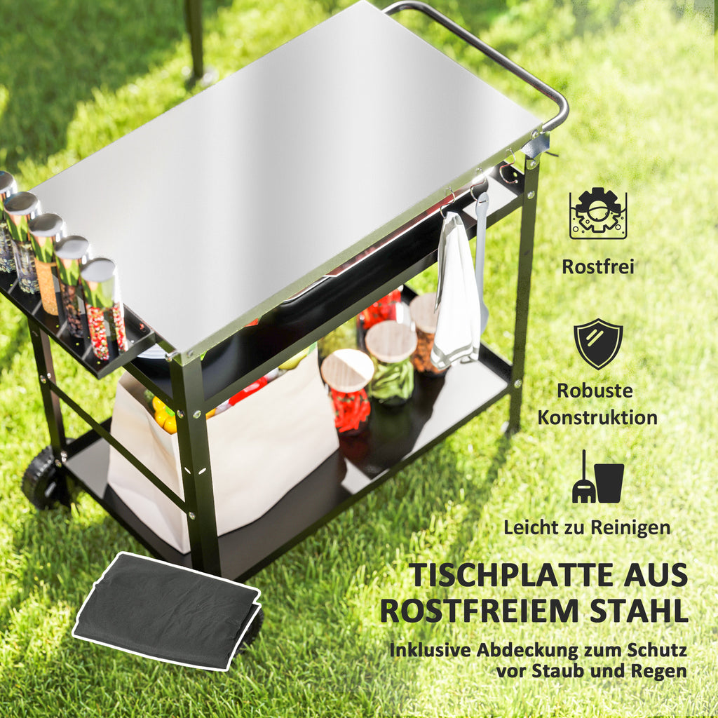 Outsunny Grillwagen 3-Etagen Servierwagen mit Arbeitsfläche Griffe Hülle Räder, BBQ Grilltisch Edelstahl 100x52x80cm Schwarz