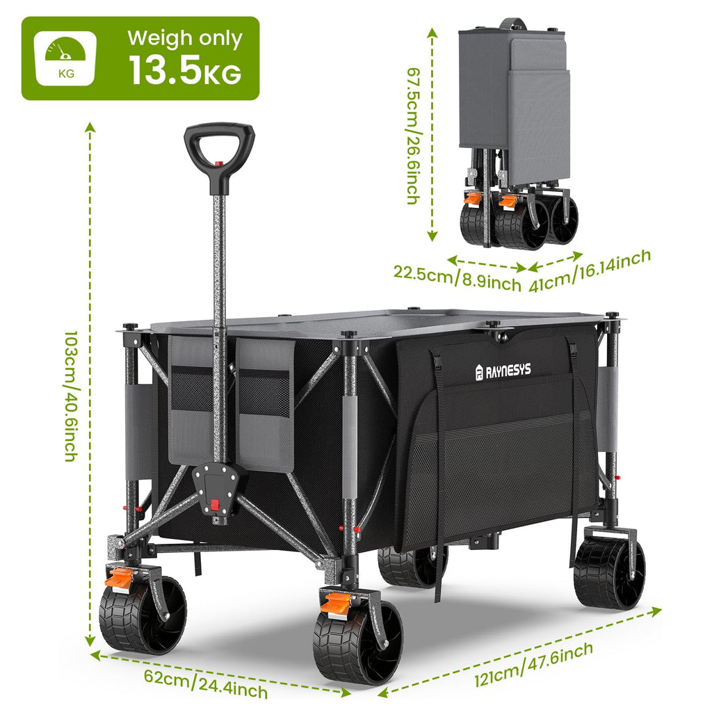 Raynesys 300 L Foldable Wagon Cart with Wheels, 440 lb Heavy Duty Beach Wagon for Sand Sports Camping Grocery, Black & Gray