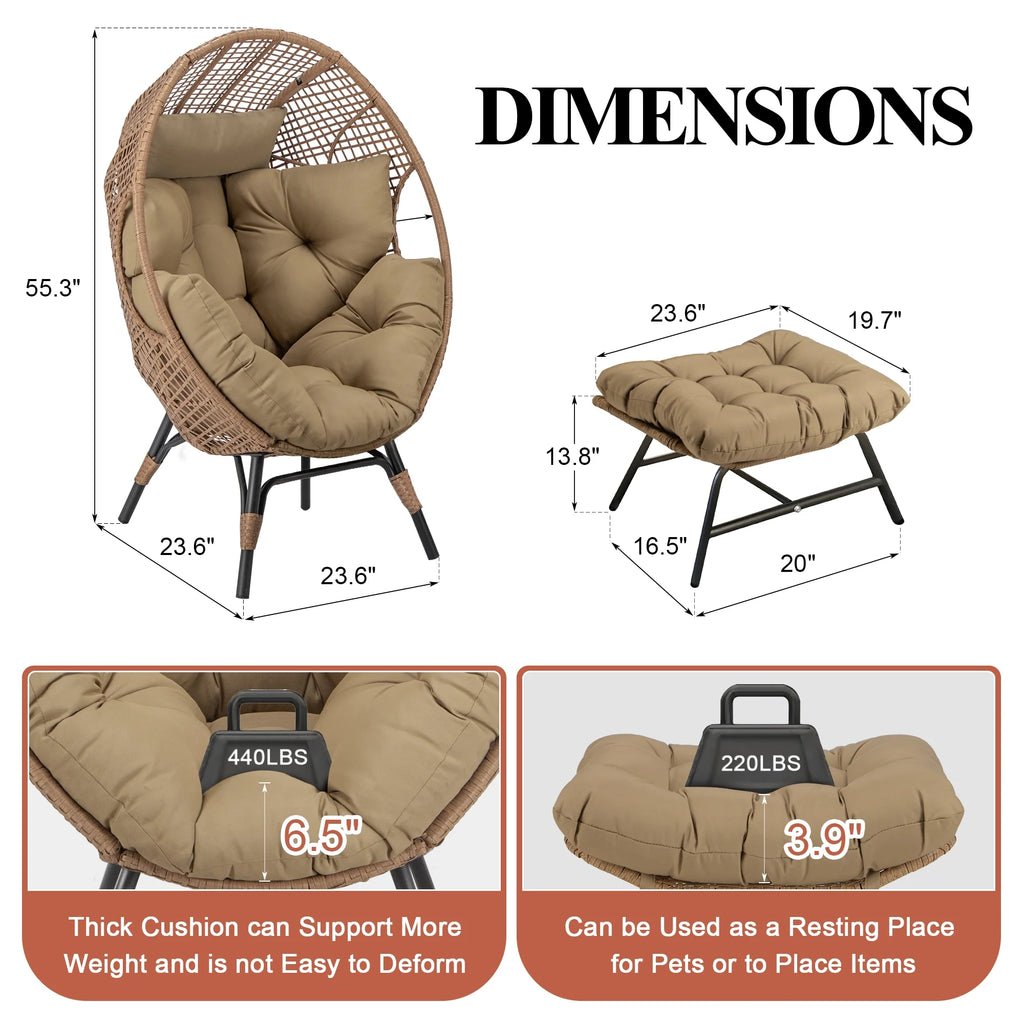 RADIATA 440 lb Outdoor Egg Chair with Foot Rest & Ottoman, Wicker Patio Egg Chair for Indoor or Garden, Beige