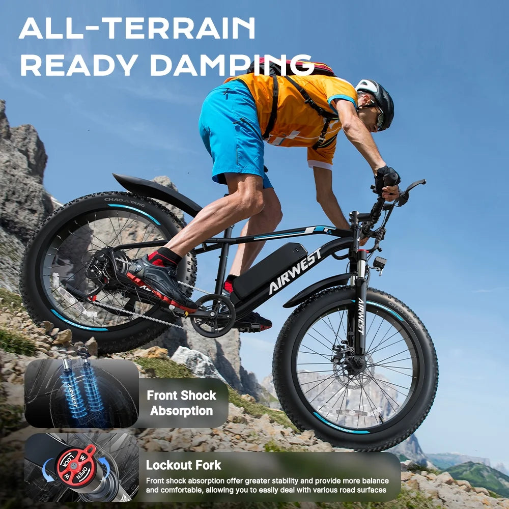 AIRWEST Electric Bike for Adults, Peak 750W Ebikes for Men Women26" Fat Tire Electric Bicycle with 48V 624wh Removable Battery25mph 60miles 7 Speed, Front Suspension Electric Mountain Bike