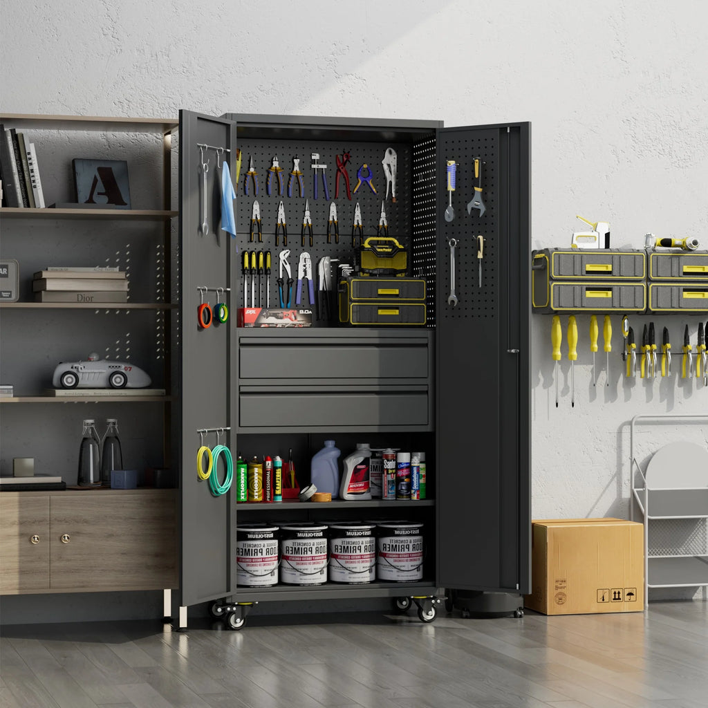 Aobabo Metal Storage Cabinet with Lock, Garage Storage Cabinet with Wheels, 72in Steel Storage Cabinet for Garage Home Storage, Black Required - Assembly