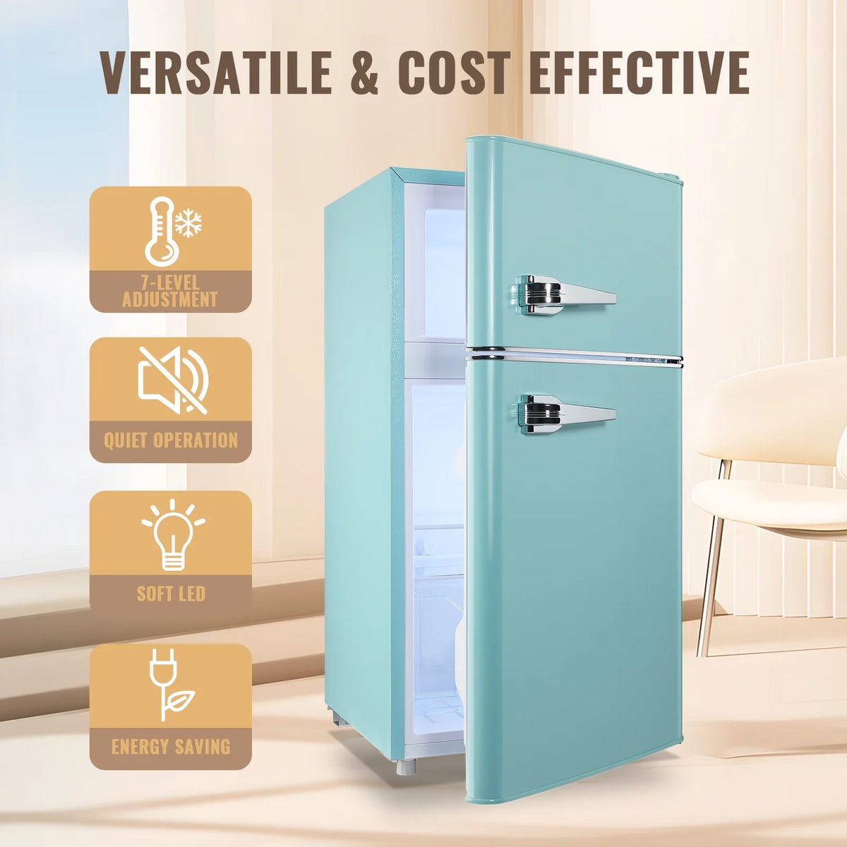 WANAI 3.5 Cu.ft Fridge with Freezer 2 Door Compact Refrigerator Adjustable Thermostat Silver New