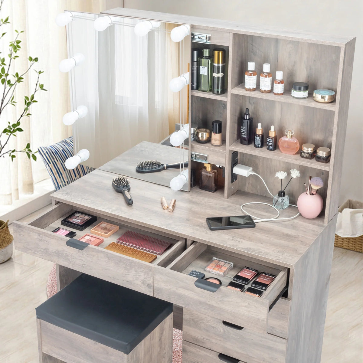 Ktaxon Vanity Set with 3 Color Lighted Mirror & Charging Station, Makeup Table with 3 Storage Shelves & Drawers, Dressing Table Makeup Desk with Stool, Retro Gray