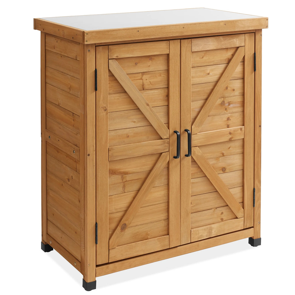 Outdoor Storage Cabinet and Potting Bench with Metal Tabletop and Storage Cabinet - Wooden Outdoor Garden Patio Workstation Table, Gray