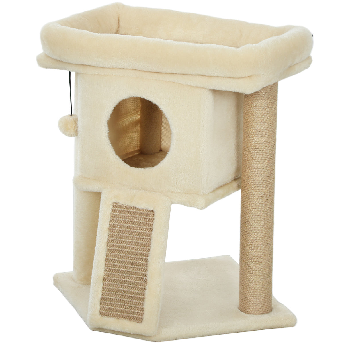 PawHut Kratzbaum mit Jute-Kratzmatte, Liegeplattform, Spielball, Katzenhaus, Beige, 40 x 40 x 57 cm