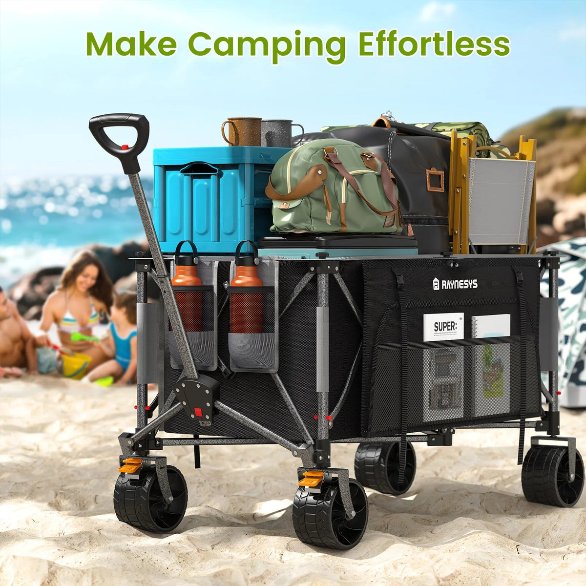 Raynesys 300 L Foldable Wagon Cart with Wheels, 440 lb Heavy Duty Beach Wagon for Sand Sports Camping Grocery, Black & Gray