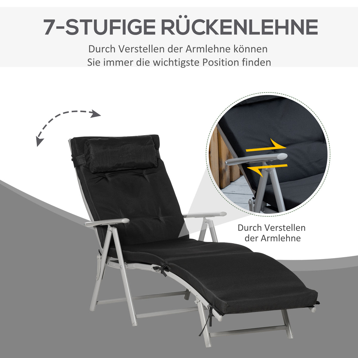 Outsunny Sonnenliege klappbar Strandliege mit Kopfkissen Sitzkissen Liegestuhl mit 7-Fach verstellbare Rückenlehne Gartenliege Relaxliege bis 165 kg belastbar, für Garten Urlaub Outdoor, Schwarz