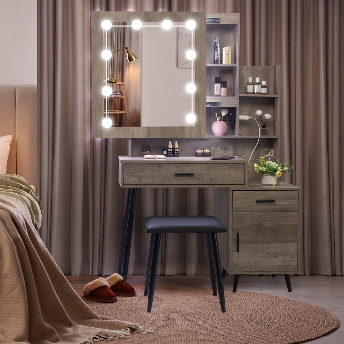 Ktaxon Vanity Set with 3 Color Lighted Mirror & Charging Station, Makeup Table with 3 Storage Shelves & Drawers, Dressing Table Makeup Desk with Stool, Retro Gray
