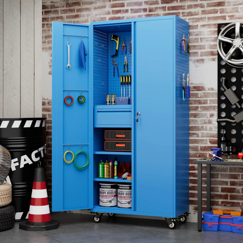 Aobabo Metal Storage Cabinet with Lock, Garage Storage Cabinet with Wheels, 72in Steel Storage Cabinet for Garage Home Storage, Black Required - Assembly